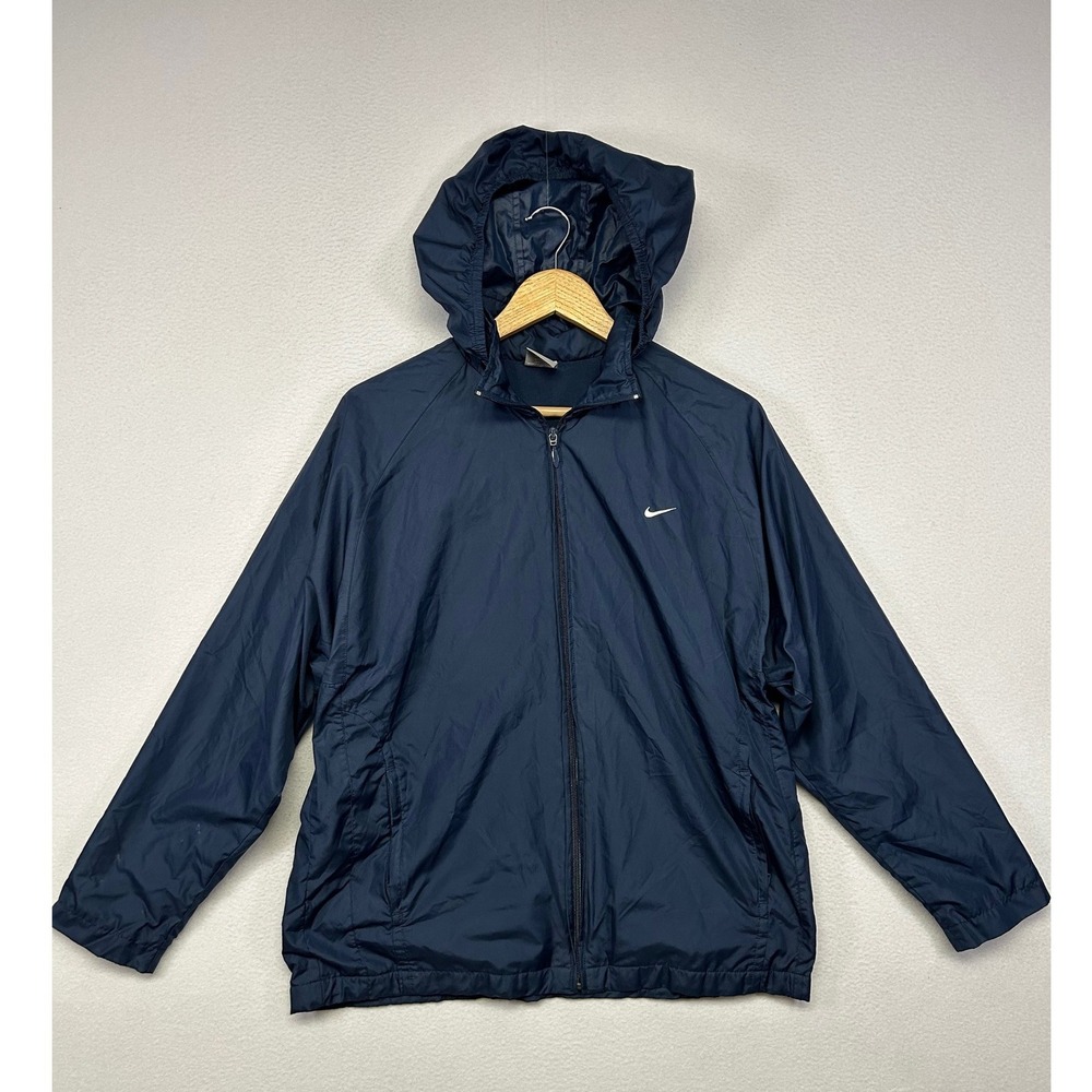 Gorpcore Athletic Nike Mens Medium Navy Blue Full Zip Hooded Windbreaker Jacket